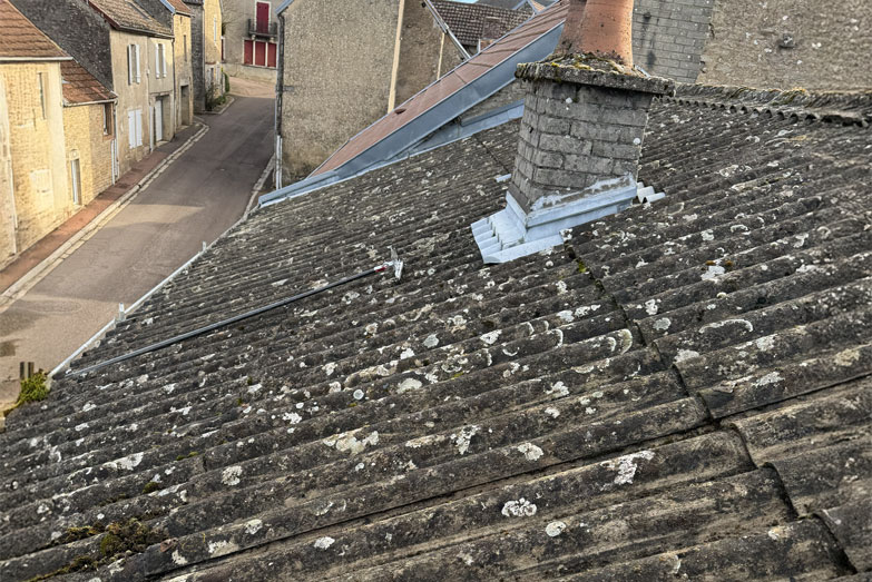 Toiture couverte de lichens et mousses nécessitant un démoussage professionnel